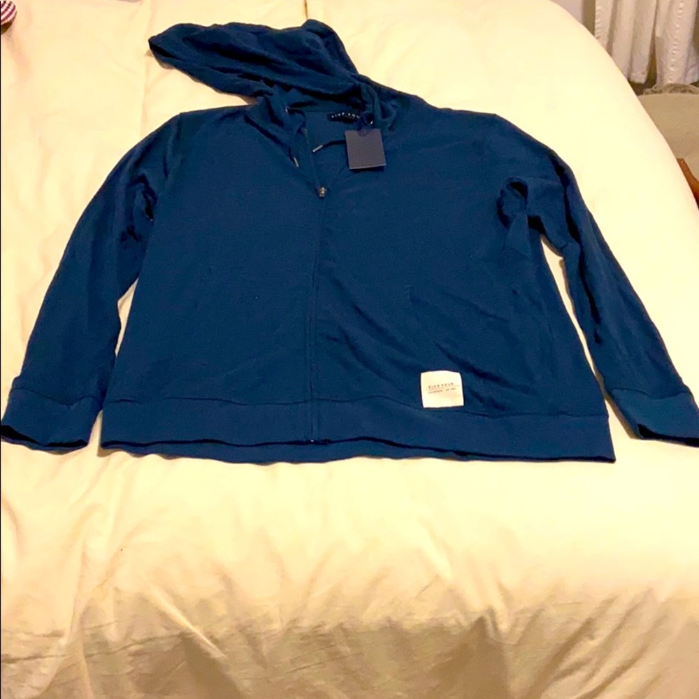 Blue zip up hoodies. Five four.
